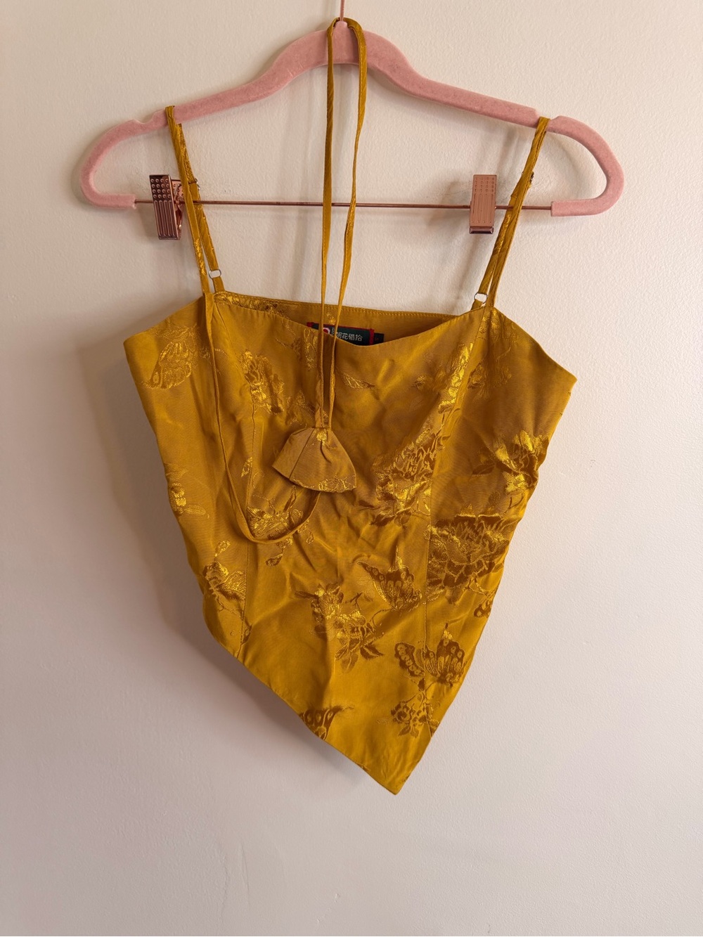 Gold Floral Satin Asymmetric Cami Top
